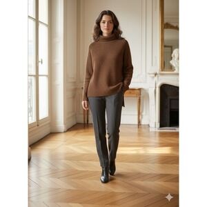 Riani Brown Wool Blend Turtleneck Cable Knit Sweater Size 14 XL Side Slit Luxe